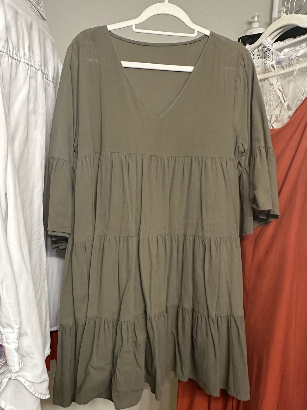 Tiered V-Neck Mini Dress in Olive Green